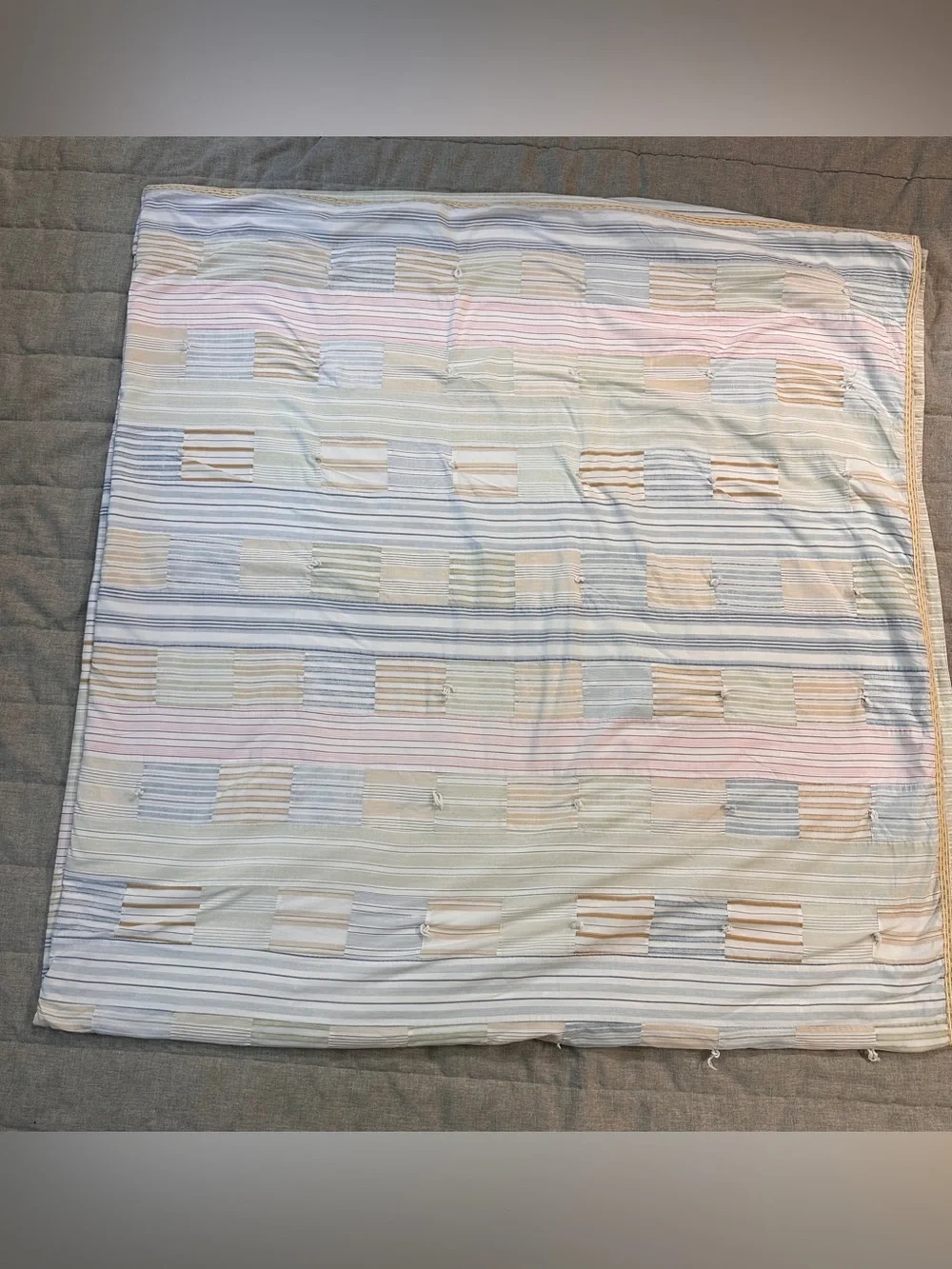 VTG Tommy Hilfiger Patchwork Tie Quilt Coverlet 88x86” Cotton Pastels Stripes